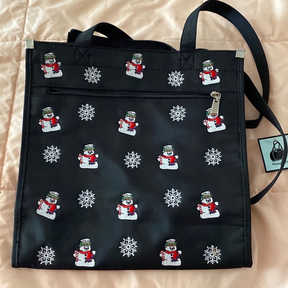 Black tote with snowman and snowflakes design